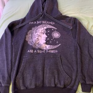 Comfortable hoodie, dark grey with white print.